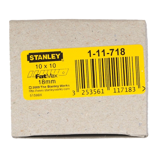 Photo of STANLEY 1-11-718 FatMax 18mm utility knife blades box, front angle, yellow label with barcode.