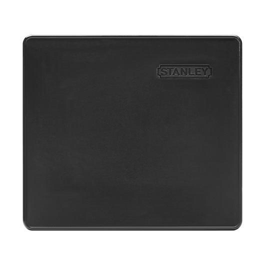STANLEY 1-11-911 black knee pad, rectangular with embossed logo, top view on white background.