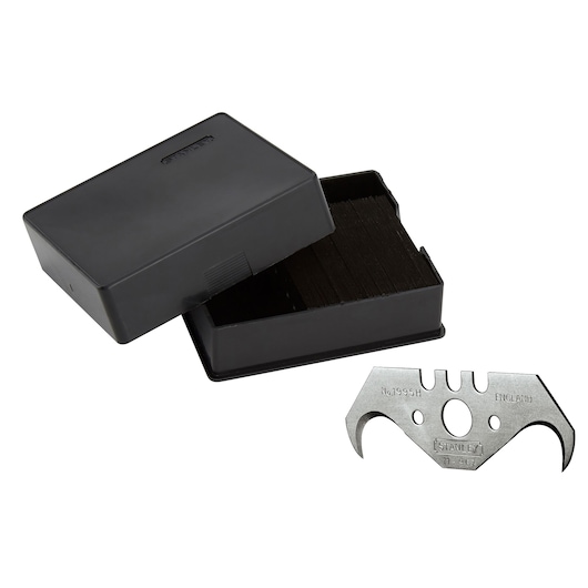 STANLEY 1-11-967 hook utility blades with open black storage box, photography of blade and box, front angle.