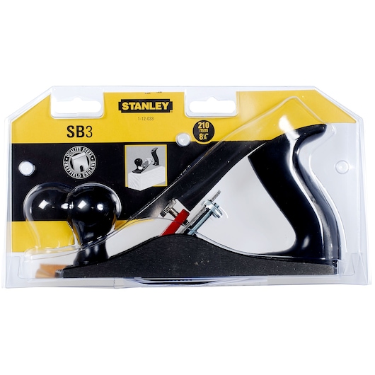 STANLEY 1-12-033 hand planer in black and silver, packaged in clear plastic, viewed from the front.