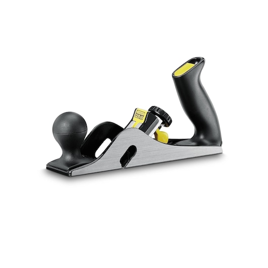 STANLEY 1-12-100 hand planer with black handle and knob, yellow accents, side angle on white background.