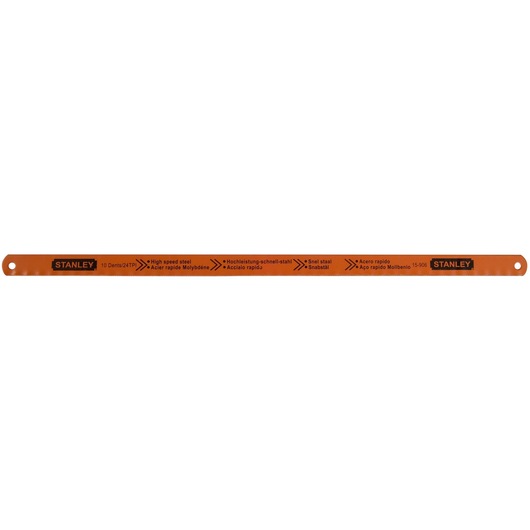 Orange STANLEY high speed steel hacksaw blade with product details printed along its length.