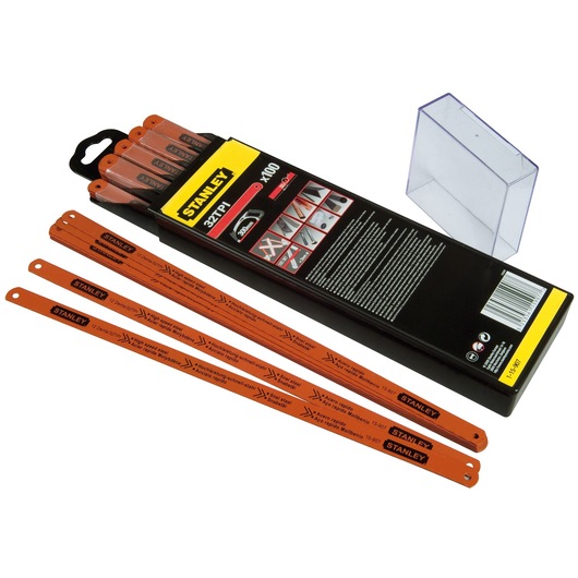 Stanley 1-15-907 pack of orange metal saw blades with packaging and a clear plastic case.