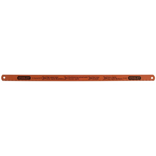 Stanley high speed steel hacksaw blade, orange, 12 teeth, for cutting metal. SKU 1-15-907.