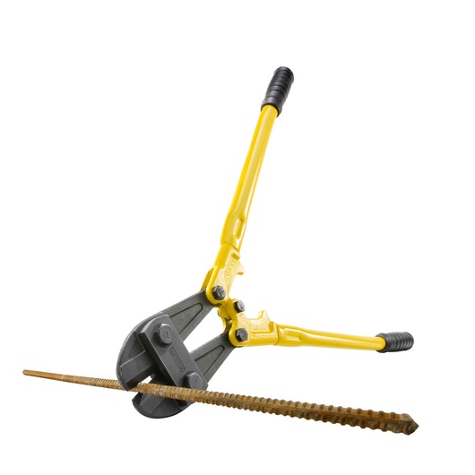 Yellow bolt cutter cutting a metal rod, tool shown with textured handles on a white background.
