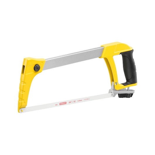 Photo of STANLEY 1-20-110 metal hacksaw with yellow frame and black ergonomic handle, side angle view.