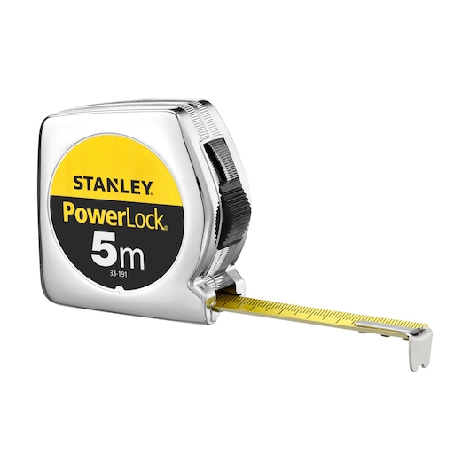 Photo of STANLEY 1-33-191 PowerLock 5m tape measure with yellow blade, angled on white background.