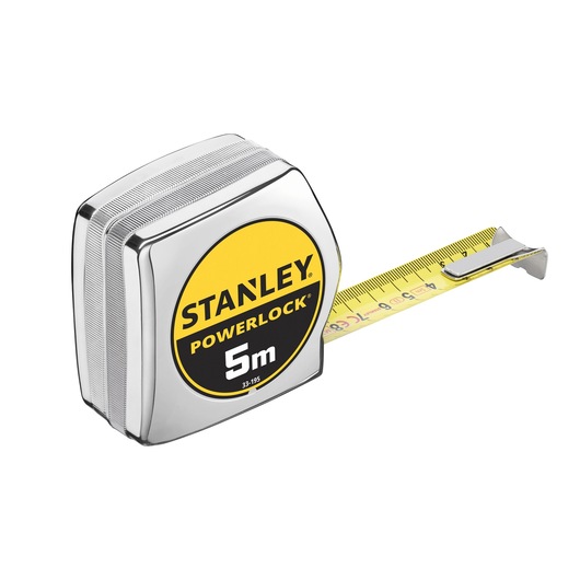 STANLEY 1-33-195 tape measure, PowerLock, 5m, silver case, yellow blade, side view, photography.