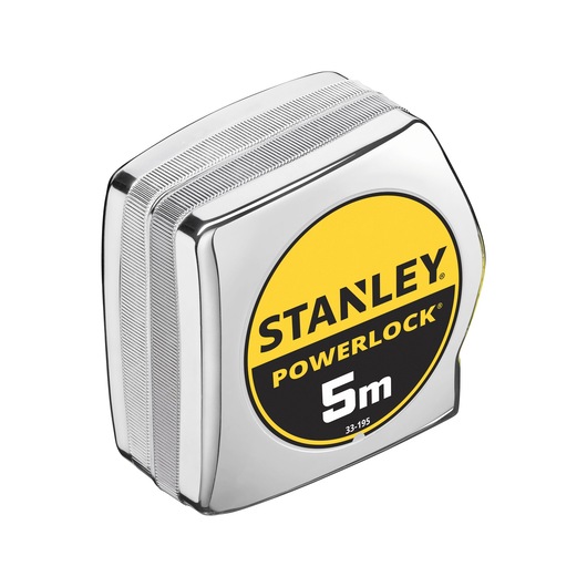 Photo of STANLEY 1-33-195 PowerLock 5m tape measure, chrome case, angled on white background.