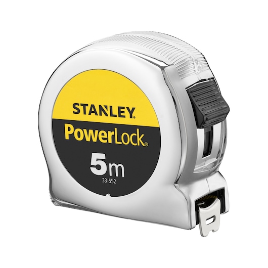 Photo of STANLEY 1-33-552 PowerLock 5m tape measure, chrome case, front angle on white background.