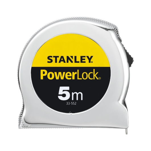 STANLEY 1-33-552 tape measure, PowerLock series, 5m, silver body, front angle, photography product category.
