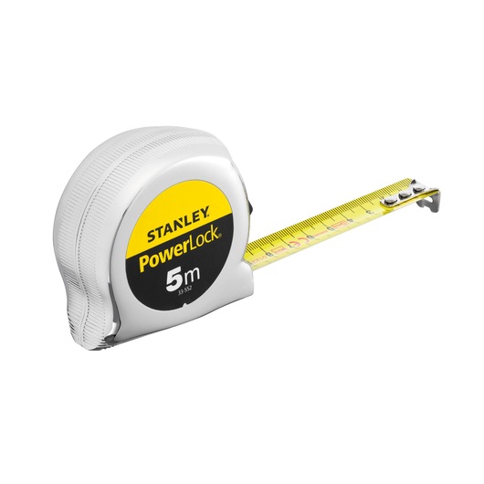 Photo of STANLEY 1-33-552 tape measure with yellow blade, PowerLock design, side angle on white background.