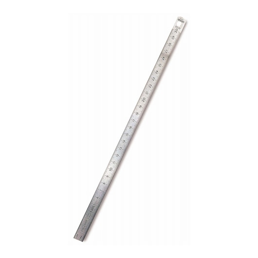 Metal ruler with clear metric markings, used for measuring and drawing straight lines.