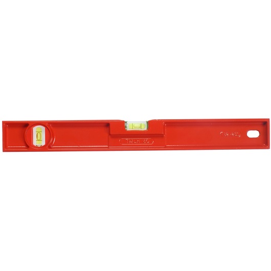 Red spirit level tool with two bubble vials for measuring horizontal and vertical alignment.