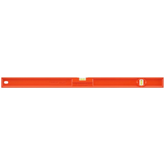 Photo of STANLEY 1-42-254 orange spirit level, front view, with two bubble vials, rectangular design.