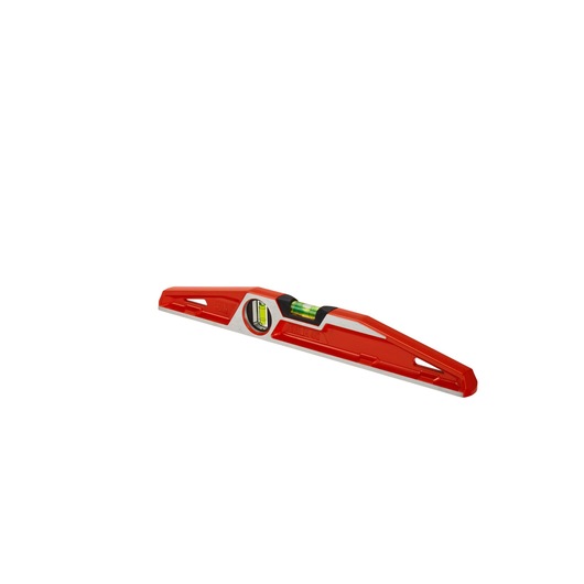 Red Stanley spirit level tool with bubble vial, used for measuring horizontal alignment.