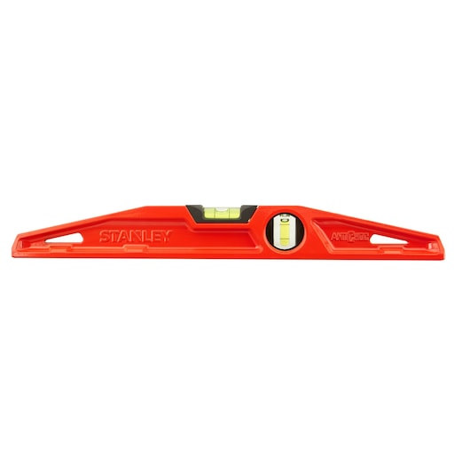 Photo of STANLEY 1-42-312 red spirit level with two vials, front view on white background.