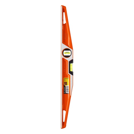 STANLEY 1-42-313 spirit level, orange and silver, side angle, sturdy body with two bubble vials.