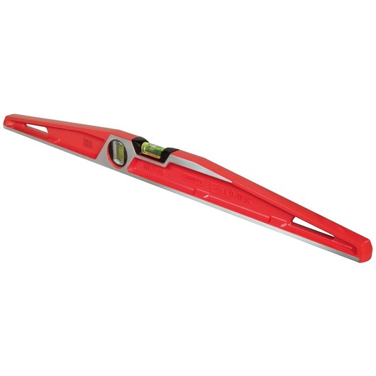 Red STANLEY spirit level with two bubble vials, elongated design, used for precise leveling tasks.