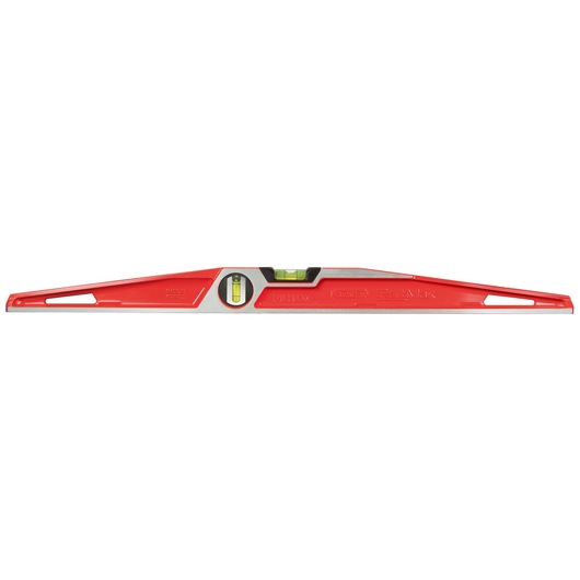 Red Stanley spirit level tool with two bubble vials, designed for precise leveling in construction and photography.