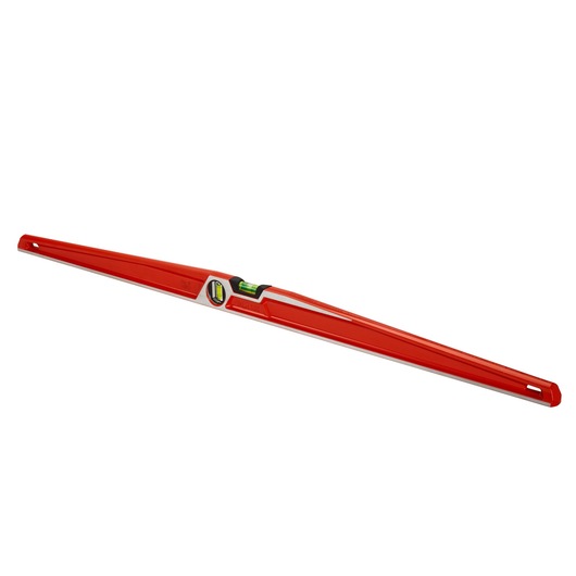 Red spirit level with built-in vial and ergonomic design for accurate leveling tasks.