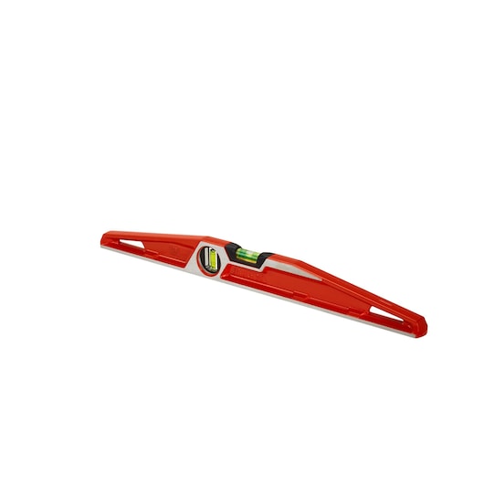 Red Stanley spirit level with two vials, angled design, used for accurate leveling in photography or construction.
