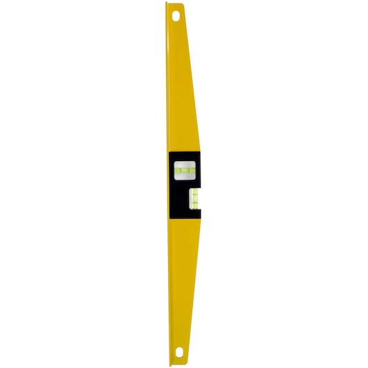 STANLEY 1-42-804 yellow spirit level side view with black center and two bubble vials.
