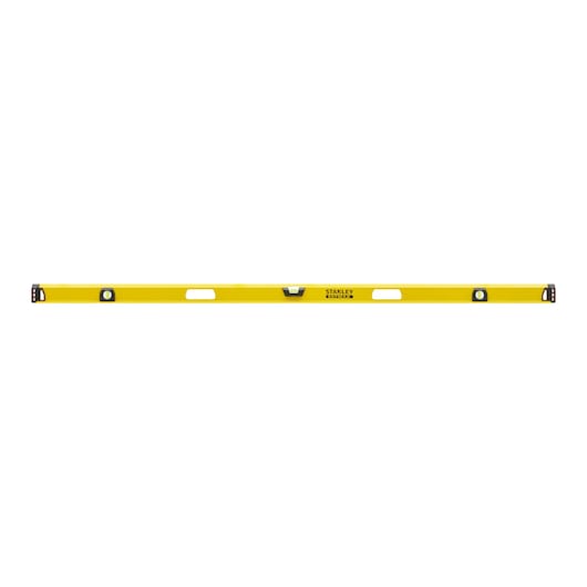 Yellow Stanley spirit level tool with three vials and two handles, used for precise leveling in construction.