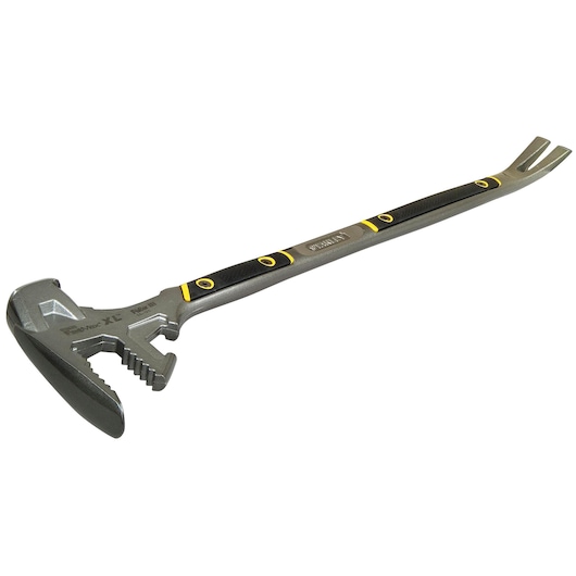 STANLEY 1-55-120 multifunction wrecking bar with black and yellow grip, shown at an angled side view on white background.
