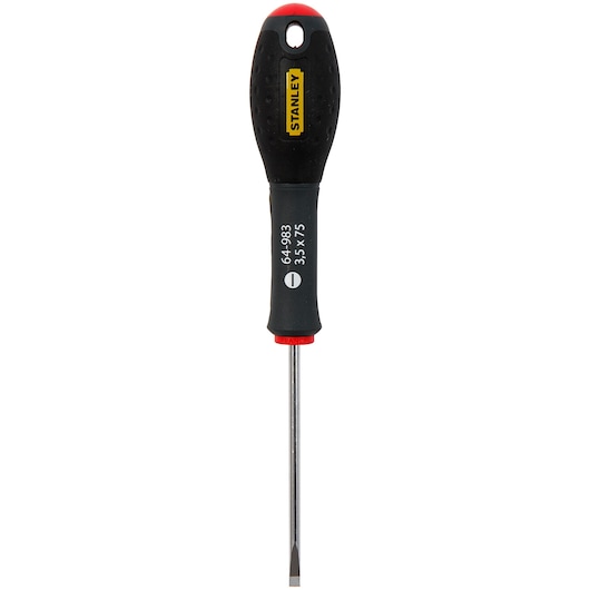 STANLEY 1-64-983 flathead screwdriver, black and red handle, straight-on view on white background.
