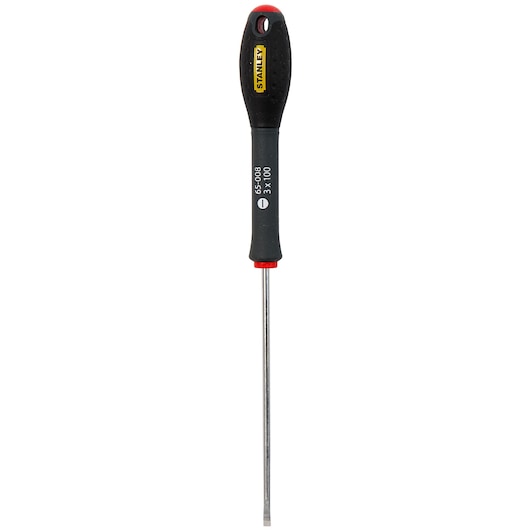 Stanley flathead screwdriver with black handle and metal shaft, tool for driving screws.