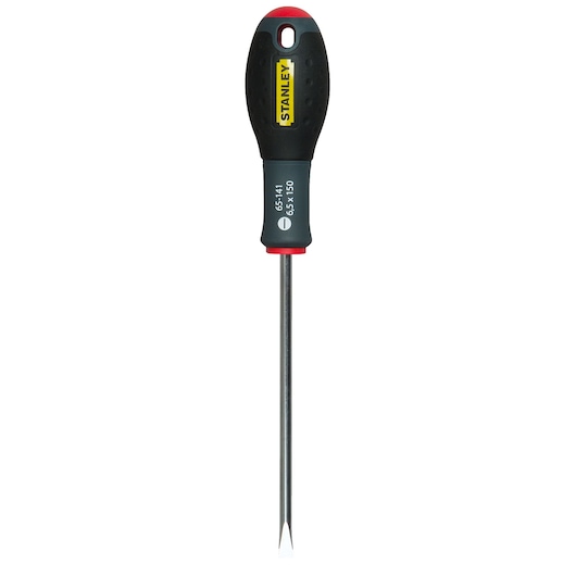 STANLEY 1-65-141 slotted screwdriver with black ergonomic handle, front view, on white background.