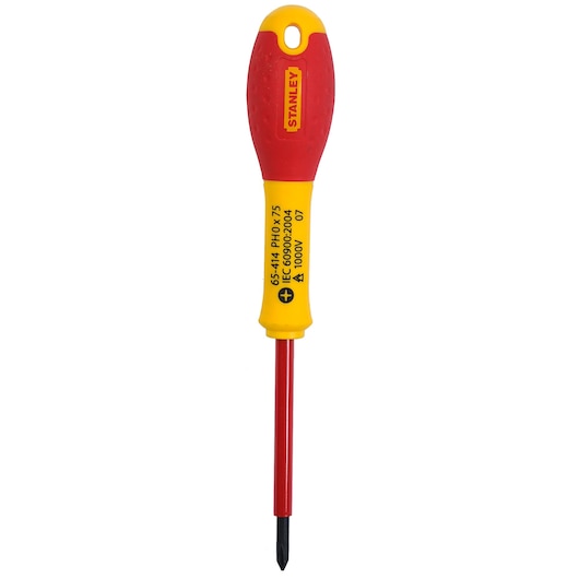 STANLEY 1-65-414 insulated Phillips screwdriver, red and yellow handle, front angle on white background.