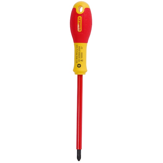 STANLEY 1-65-416 insulated Phillips screwdriver with red and yellow handle, front view.