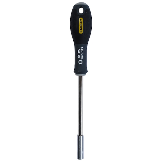 Stanley nutdriver with black grip, marked 1-65-490 and 1/4 x 125, suitable for tightening nuts and bolts.