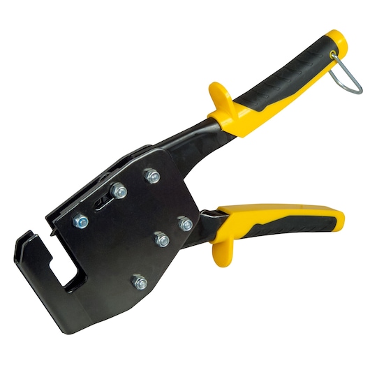 A Stanley metal hole punch tool with yellow and black handles, suitable for professional sheet metal work.