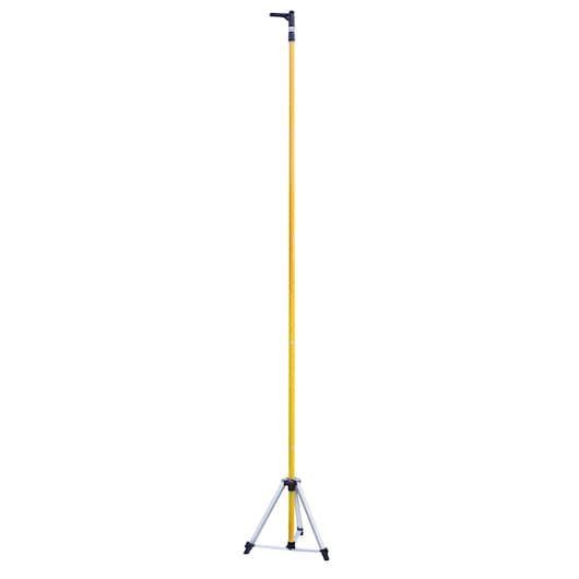 Photo of STANLEY 1-77-022 photography grade measuring pole with tripod, yellow, front angle on white background.