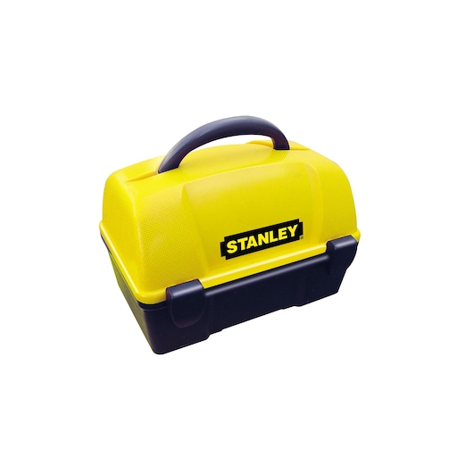 STANLEY 1-77-160 bright yellow and black hard plastic toolbox with handle, front angle on white background.