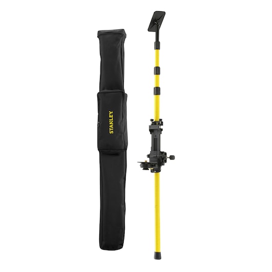 STANLEY 1-77-221 photography tripod with yellow telescopic pole and black carrying bag, front view