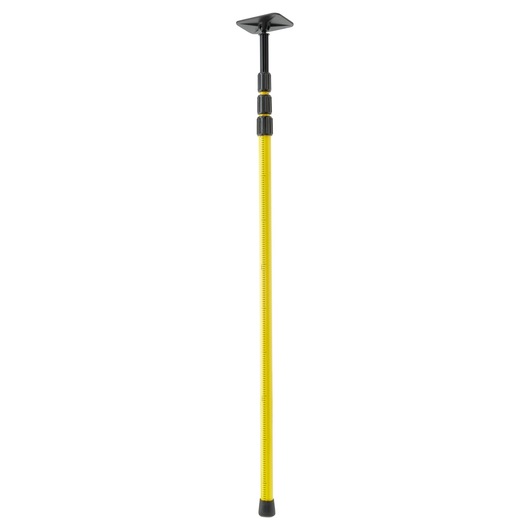 Yellow telescopic pole with black adjustable knobs and flat top, used for photography or measuring tasks.