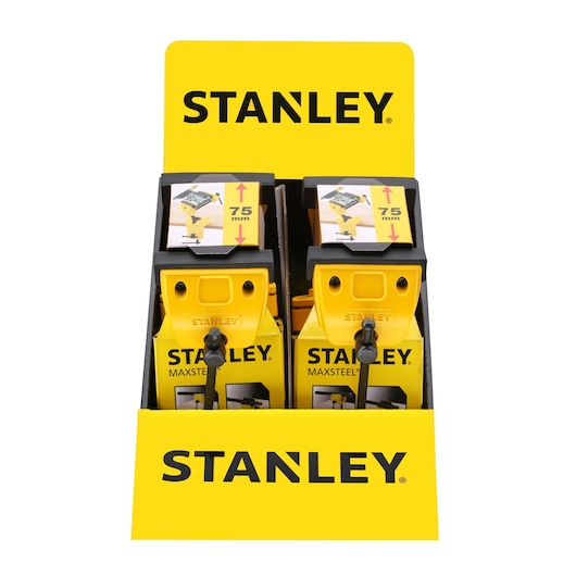 STANLEY 1-83-069 MaxSteel clamp display front angle, yellow and black clamp packaging.