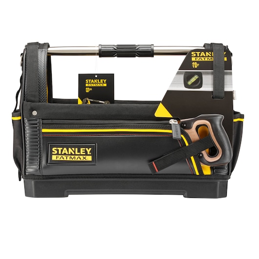 STANLEY 1-93-951 tool bag, black with yellow accents, open top, metal handle, front zip pocket, front-facing view.