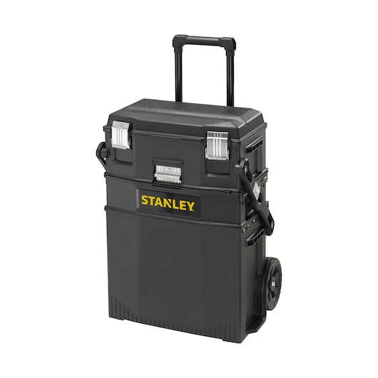 STANLEY 1-94-210 black rolling tool box with telescopic handle and side latches, front angle, photography.