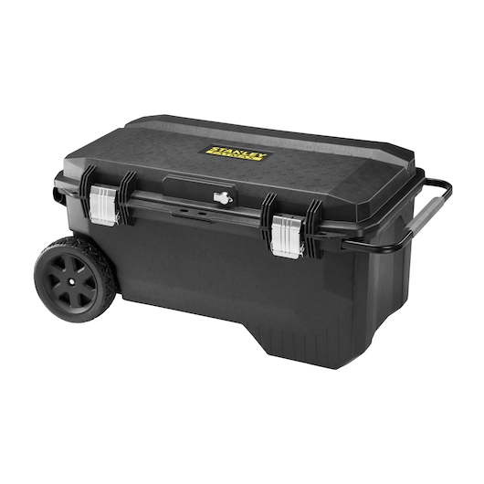 STANLEY 1-94-850 black wheeled toolbox with metal latches, front angle on white background.