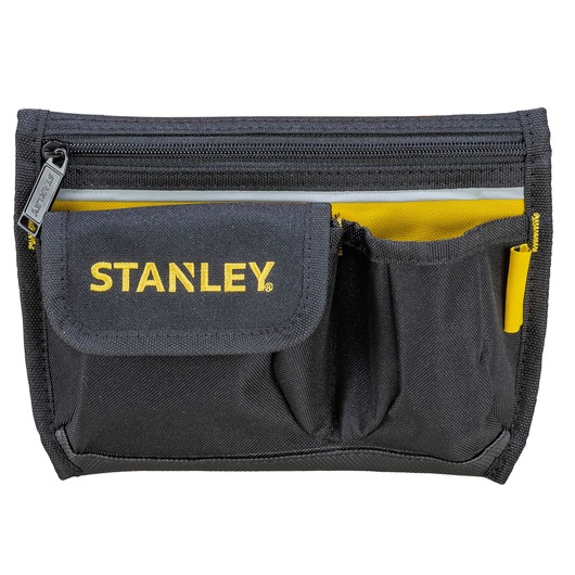 STANLEY 1-96-179 black fabric tool pouch with multiple pockets, front view, yellow accents.