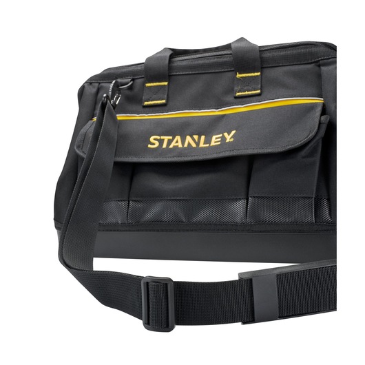 STANLEY 1-96-183 black tool bag with yellow trim and shoulder strap, front angle on white background.