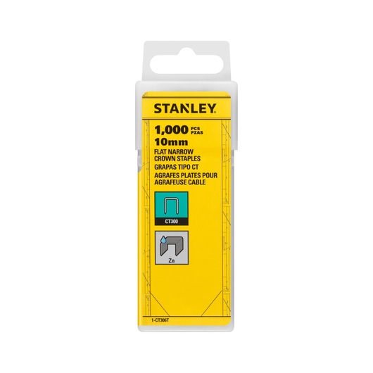 STANLEY 1-CT306T flat narrow crown staples 1000 pieces 10mm, yellow box, front angle photography.