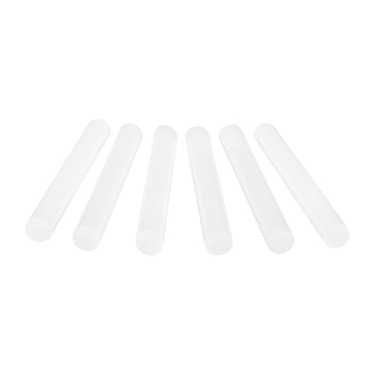 STANLEY 1-GS15DT clear glue sticks set of six, cylindrical, front angle, photography on white background.