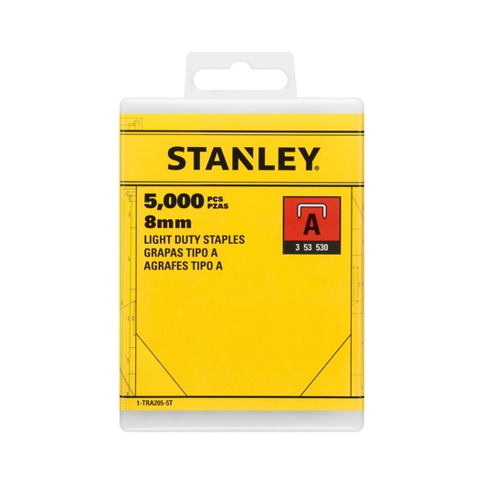STANLEY 1-TRA205-5T 8mm light duty staples pack, 5000 pieces, front angle, yellow packaging.