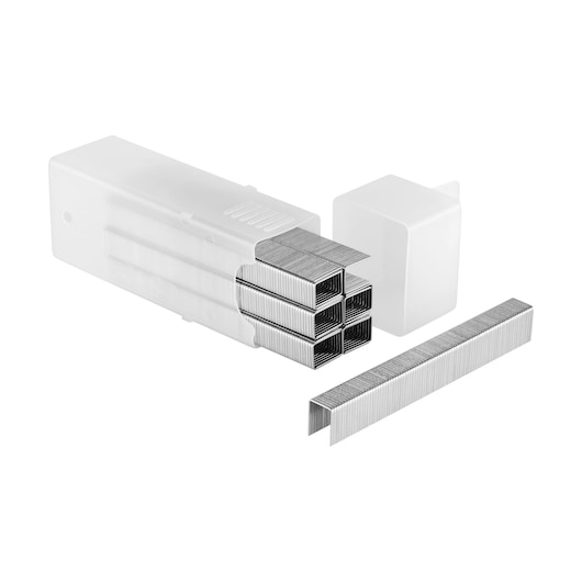 Stanley pack of metal staples with plastic container, shown in stacked and single form.